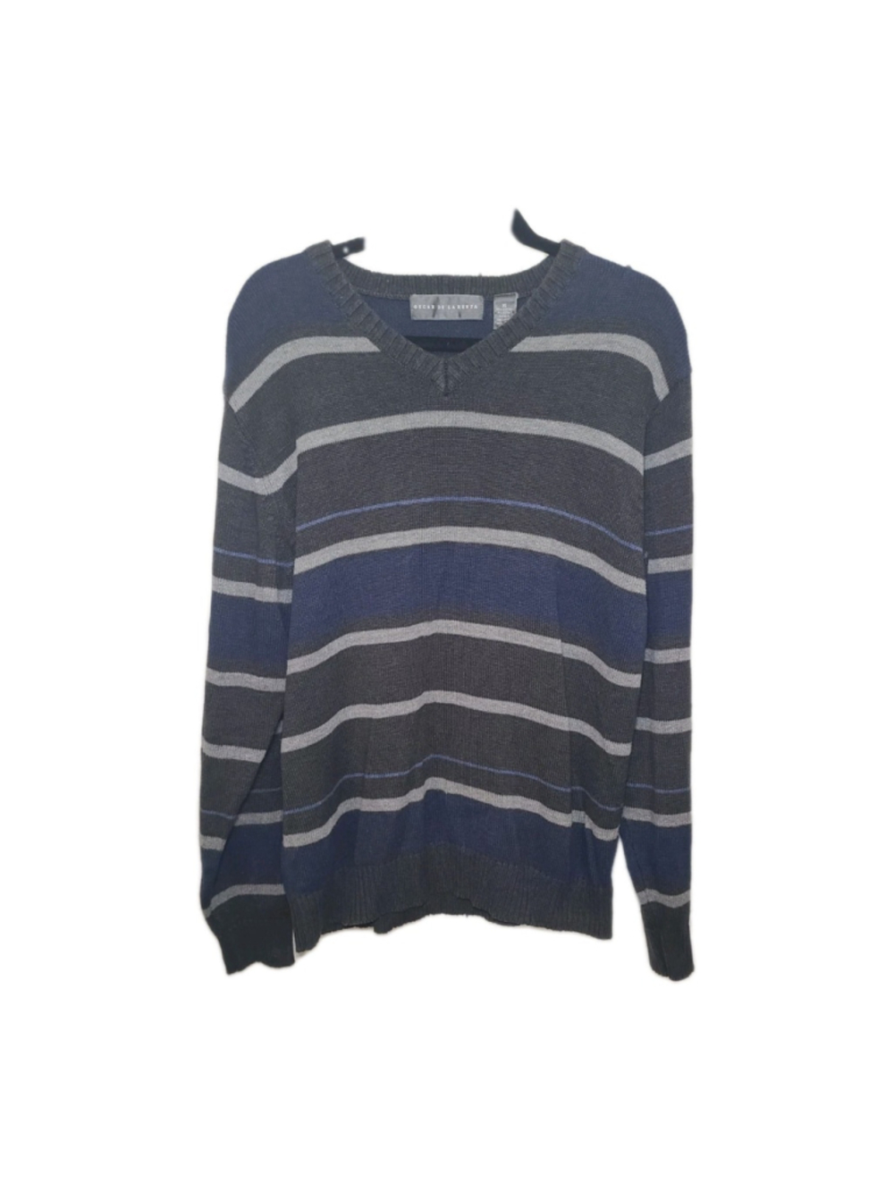 Oscar de La Renta Men's Sweater XL Blue Grey Stripes Long Sleeve V Neck